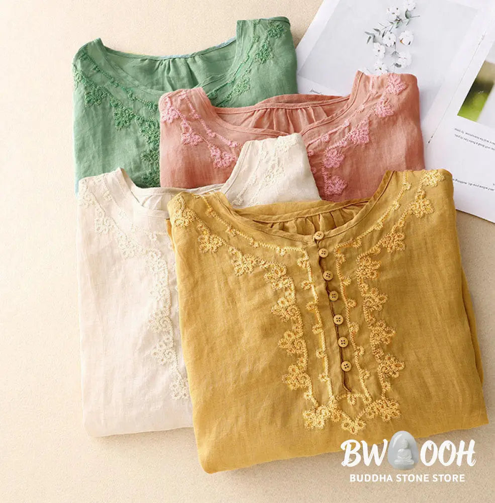Buddha Stones Casual Women’s Plain Frog Buckle Design Half Sleeve Shirt - Women’s Shirts
