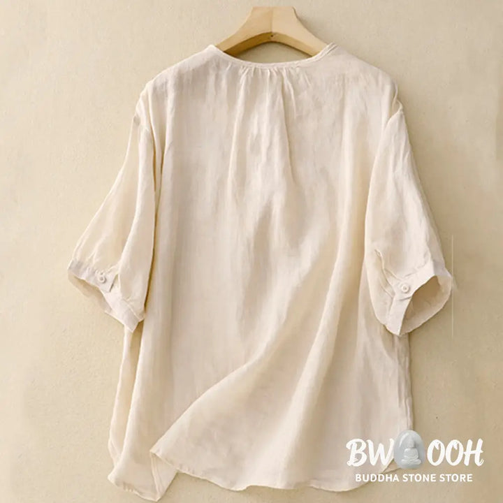 Buddha Stones Casual Women’s Plain Frog Buckle Design Half Sleeve Shirt - Women’s Shirts
