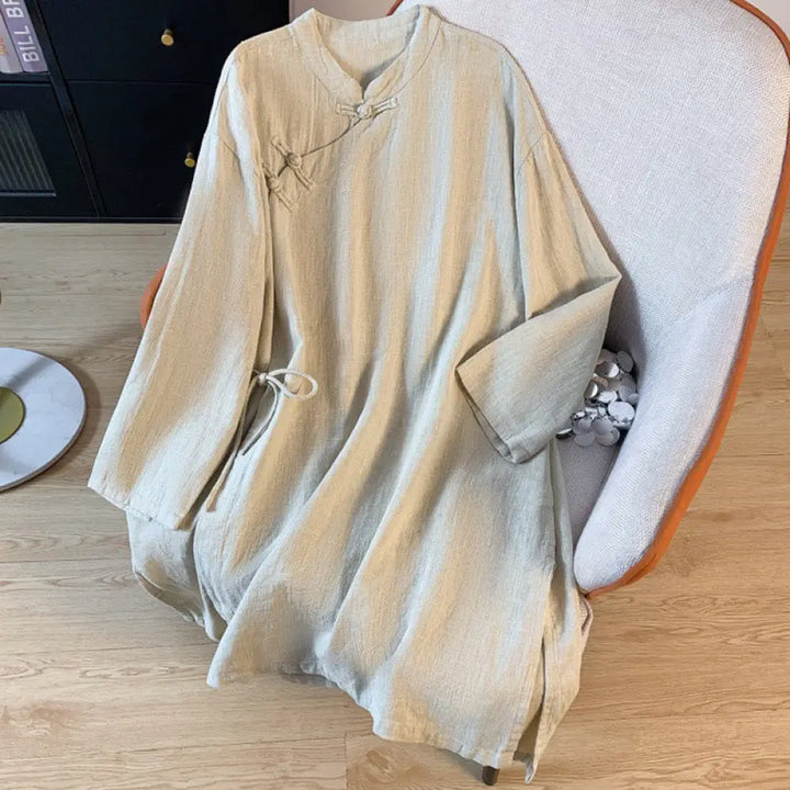 Buddha Stones Casual Women’s Plain Frog-Button Stand Collar Design Long Sleeve Shirt - Beige / US4，UK/AU8，EU36 (L)