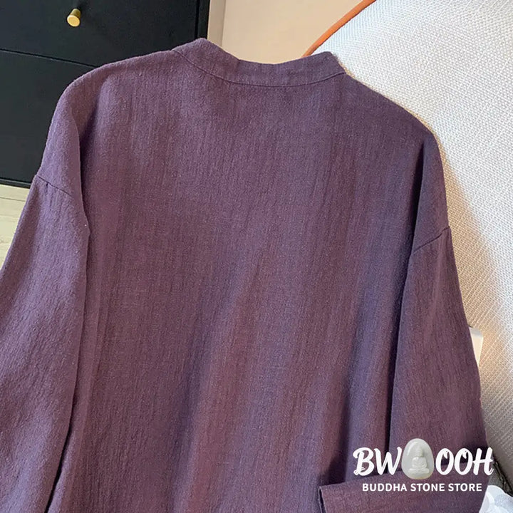 Buddha Stones Casual Women’s Plain Frog-Button Stand Collar Design Long Sleeve Shirt - Women’s Shirts