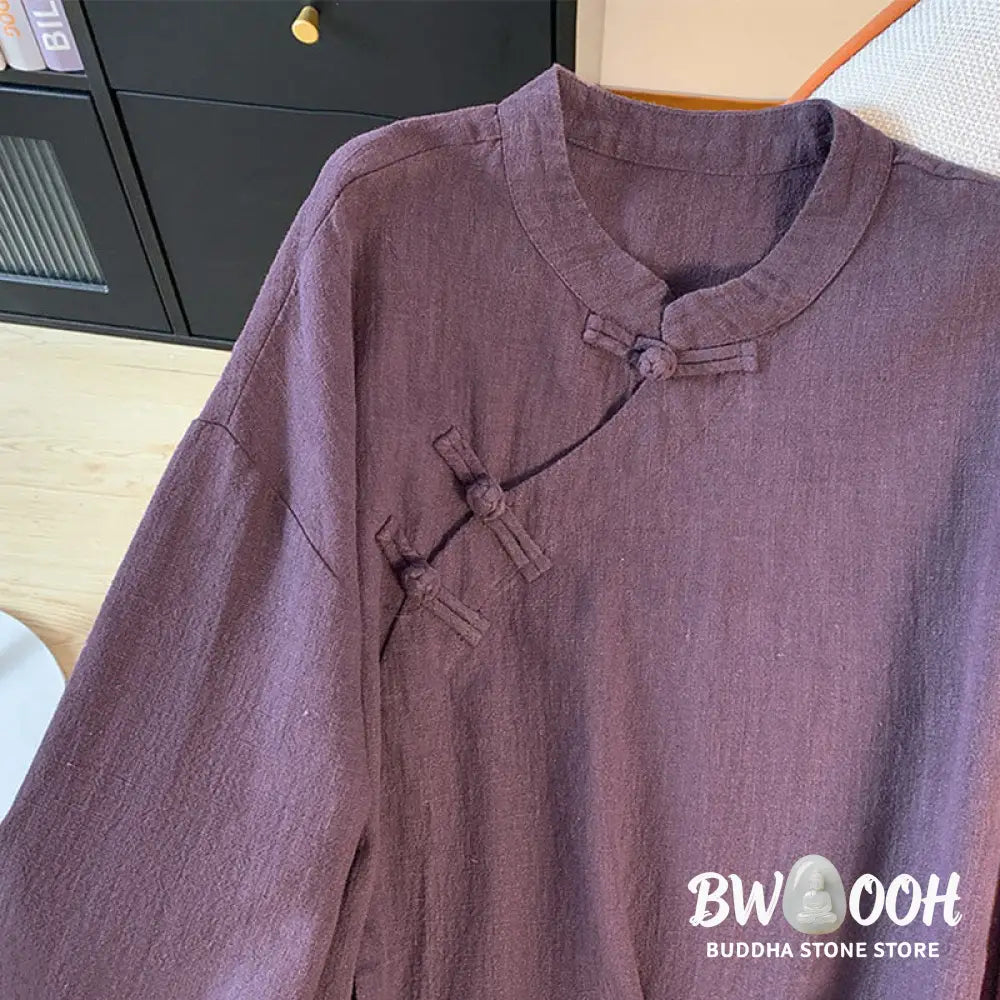 Buddha Stones Casual Women’s Plain Frog-Button Stand Collar Design Long Sleeve Shirt - Women’s Shirts