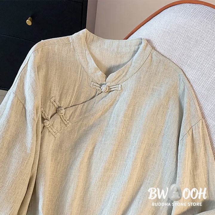 Buddha Stones Casual Women’s Plain Frog-Button Stand Collar Design Long Sleeve Shirt - Women’s Shirts