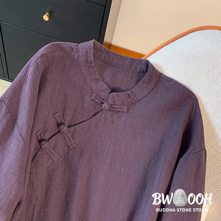 Buddha Stones Casual Women’s Plain Frog-Button Stand Collar Design Long Sleeve Shirt - Women’s Shirts