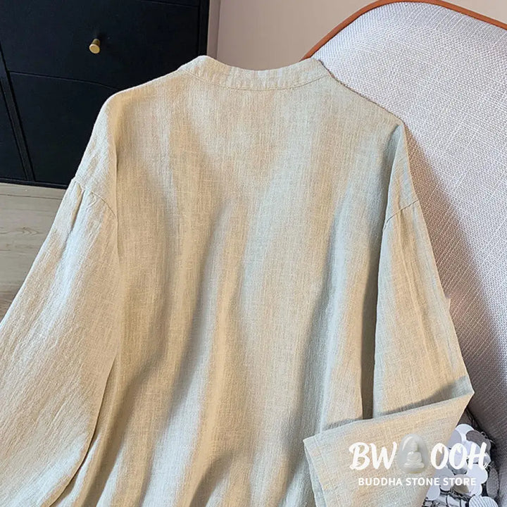 Buddha Stones Casual Women’s Plain Frog-Button Stand Collar Design Long Sleeve Shirt - Women’s Shirts