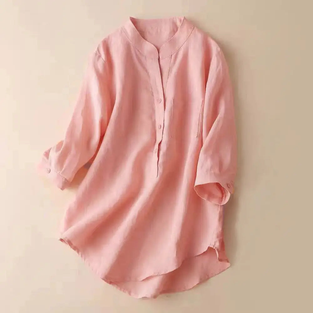 Buddha Stones Casual Women’s V-neck Three Quarter Sleeve Design Plain Shirt - Salmon / US4，UK/AU8，EU36 (L) - Women’s