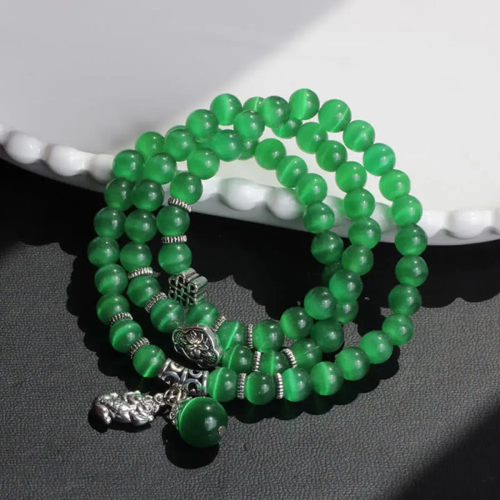Buddha Stones Cat Eye PiXiu Support Triple Wrap Bracelet - BWOOOH - Green Cat’s Eye - Bracelet