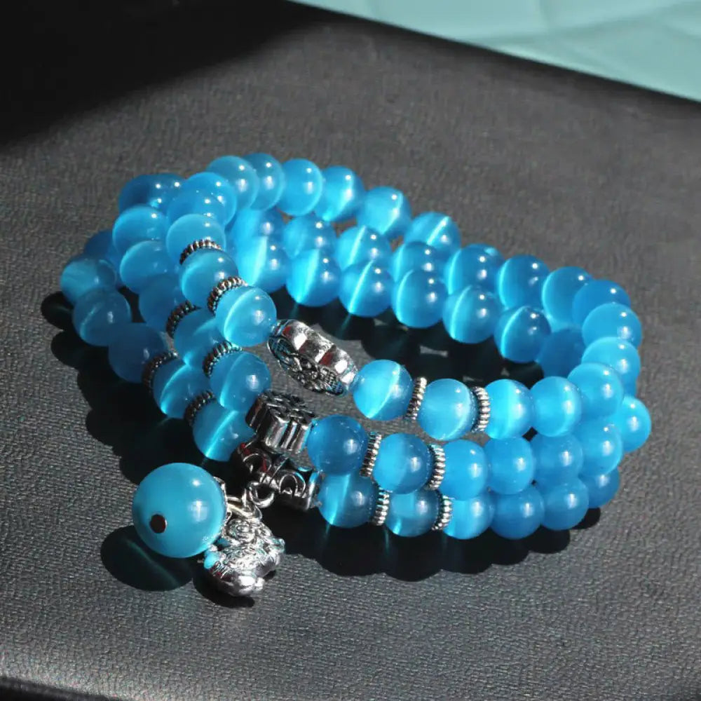 Buddha Stones Cat Eye PiXiu Support Triple Wrap Bracelet - BWOOOH - Light Blue Cat’s Eye - Bracelet