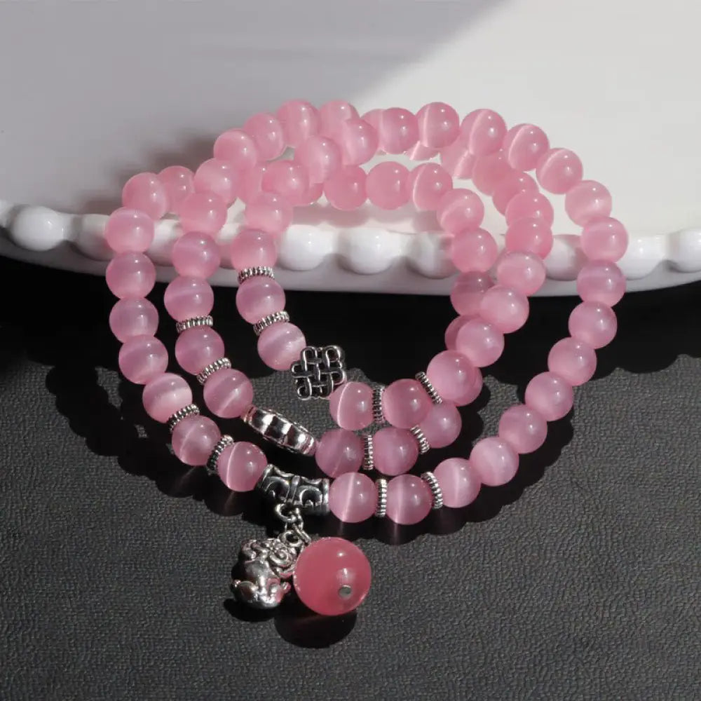 Buddha Stones Cat Eye PiXiu Support Triple Wrap Bracelet - BWOOOH - Pink Cat’s Eye - Bracelet