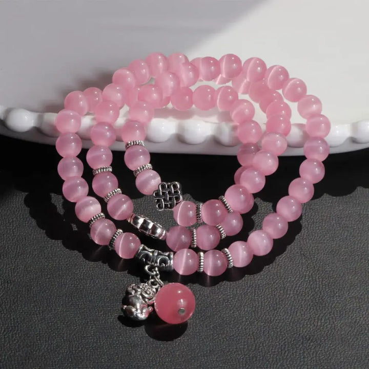 Buddha Stones Cat Eye PiXiu Support Triple Wrap Bracelet - BWOOOH - Pink Cat’s Eye - Bracelet