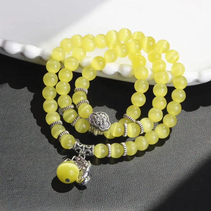 Buddha Stones Cat Eye PiXiu Support Triple Wrap Bracelet - BWOOOH - Yellow Cat’s Eye - Bracelet