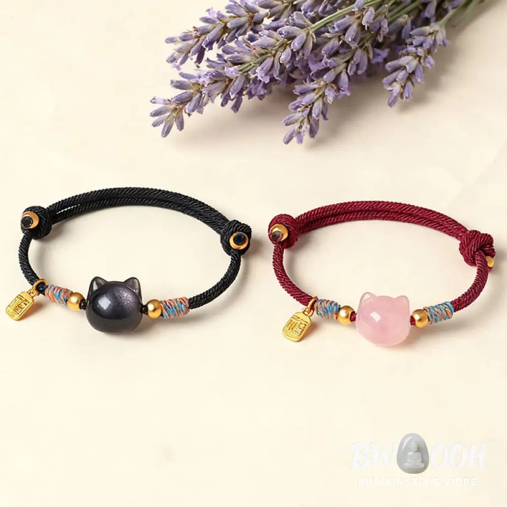 Buddha Stones Cat Fu Character Silver Sheen Obsidian Pink Crystal String Protection Bracelet - Bracelet
