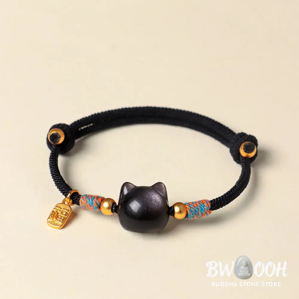 Buddha Stones Cat Fu Character Silver Sheen Obsidian Pink Crystal String Protection Bracelet - Bracelet