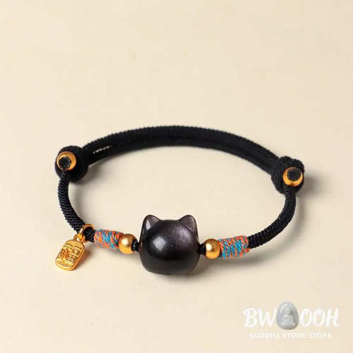 Buddha Stones Cat Fu Character Silver Sheen Obsidian Pink Crystal String Protection Bracelet - Bracelet