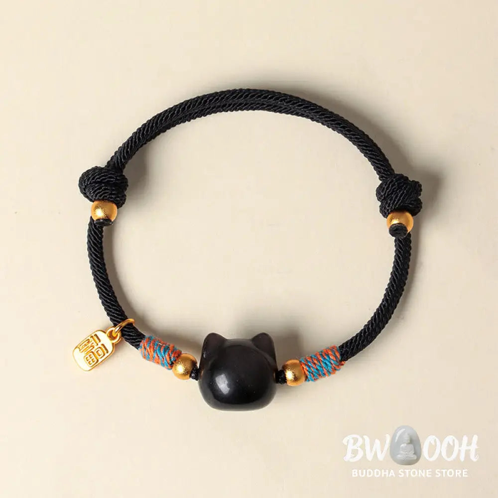 Buddha Stones Cat Fu Character Silver Sheen Obsidian Pink Crystal String Protection Bracelet - Bracelet