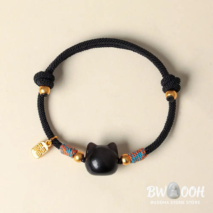 Buddha Stones Cat Fu Character Silver Sheen Obsidian Pink Crystal String Protection Bracelet - Bracelet