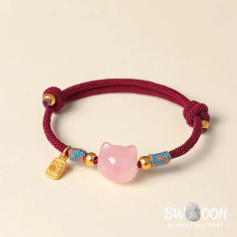 Buddha Stones Cat Fu Character Silver Sheen Obsidian Pink Crystal String Protection Bracelet - Bracelet