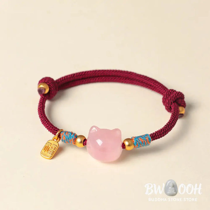 Buddha Stones Cat Fu Character Silver Sheen Obsidian Pink Crystal String Protection Bracelet - Bracelet