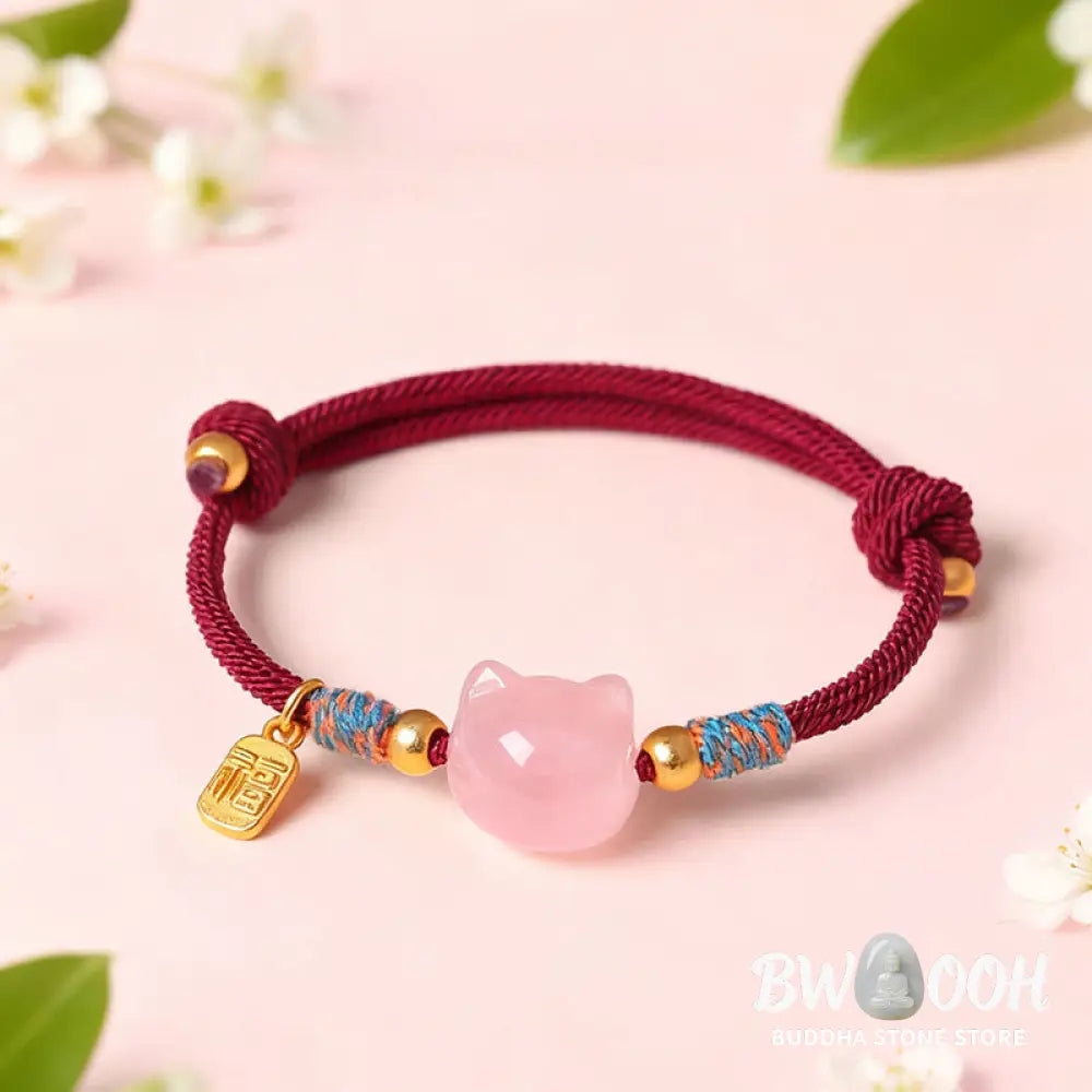 Buddha Stones Cat Fu Character Silver Sheen Obsidian Pink Crystal String Protection Bracelet - Bracelet