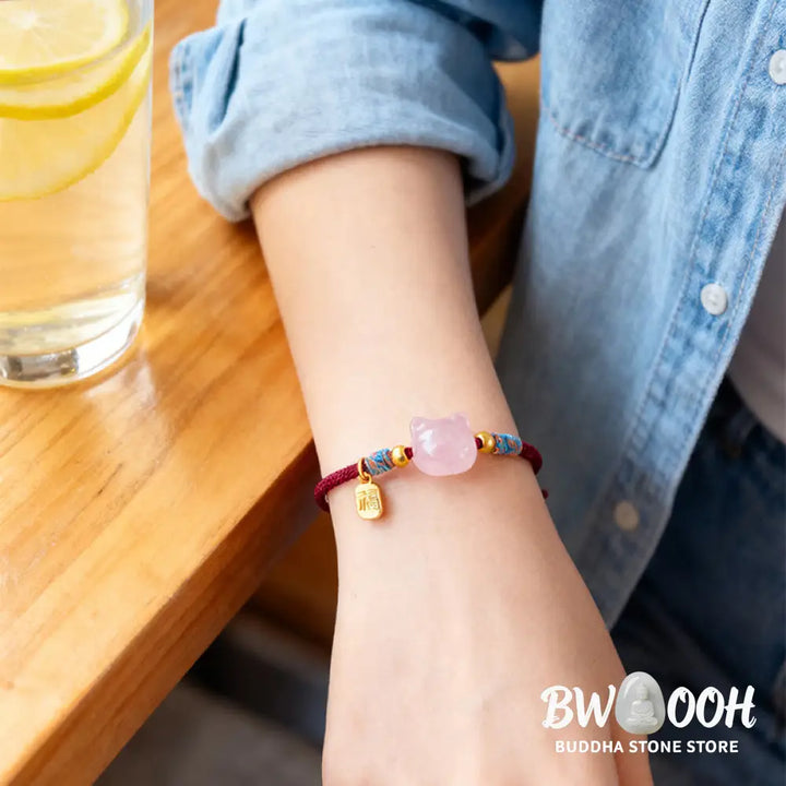 Buddha Stones Cat Fu Character Silver Sheen Obsidian Pink Crystal String Protection Bracelet - Bracelet