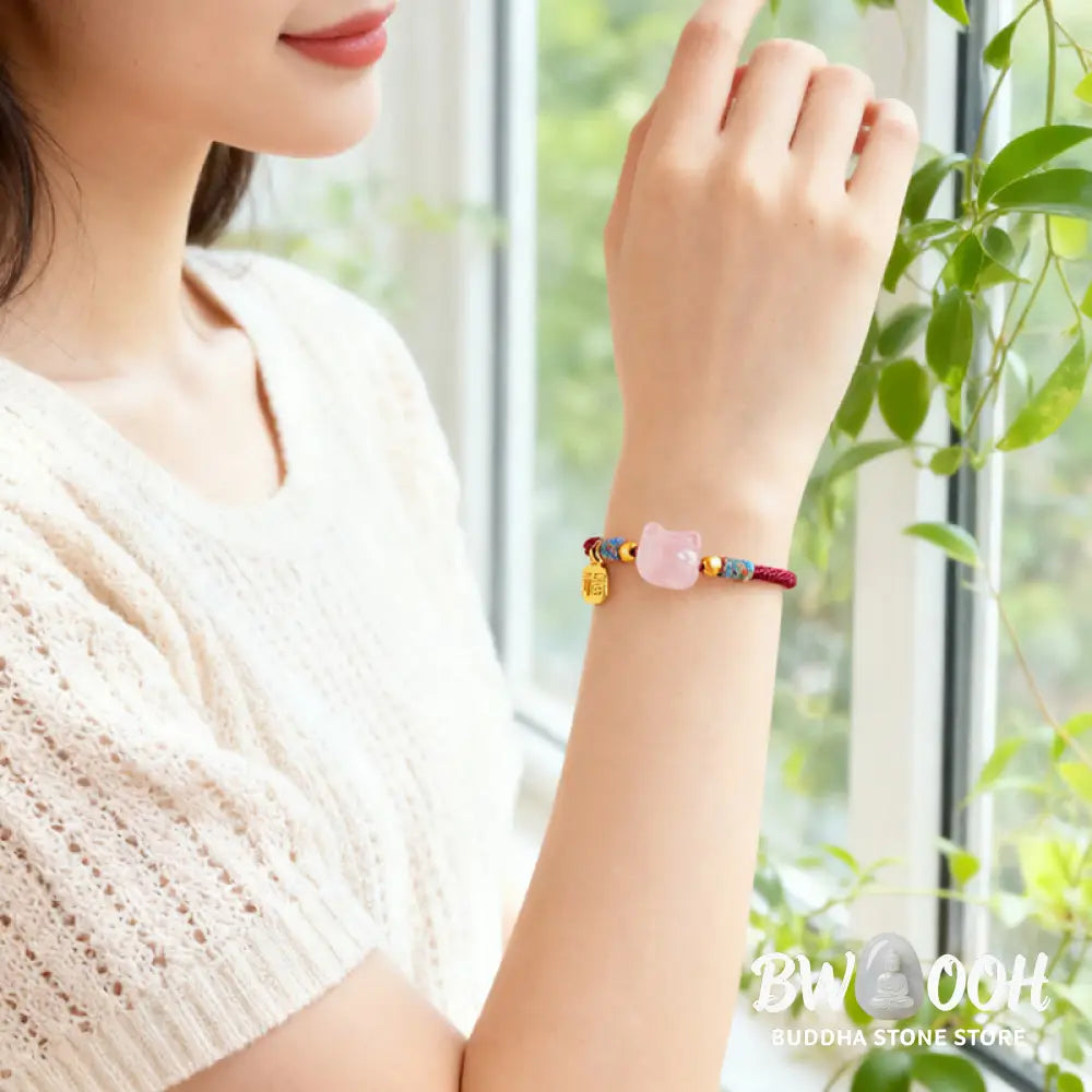 Buddha Stones Cat Fu Character Silver Sheen Obsidian Pink Crystal String Protection Bracelet - Bracelet