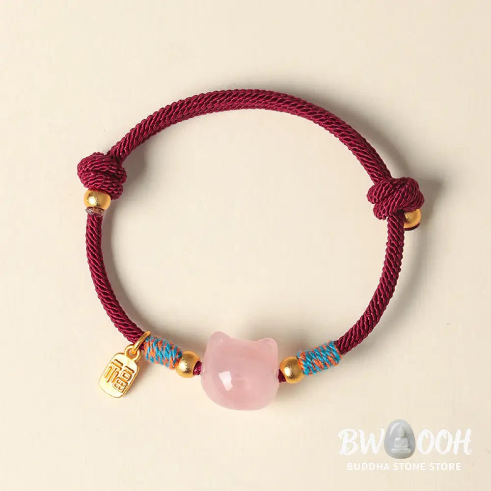 Buddha Stones Cat Fu Character Silver Sheen Obsidian Pink Crystal String Protection Bracelet - Bracelet