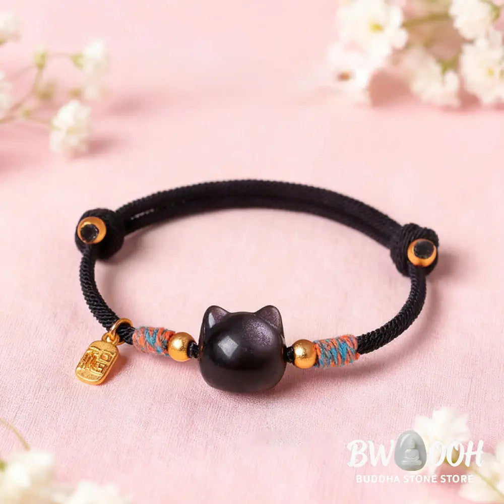 Buddha Stones Cat Fu Character Silver Sheen Obsidian Pink Crystal String Protection Bracelet - Bracelet