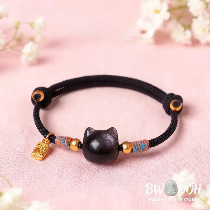 Buddha Stones Cat Fu Character Silver Sheen Obsidian Pink Crystal String Protection Bracelet - Bracelet