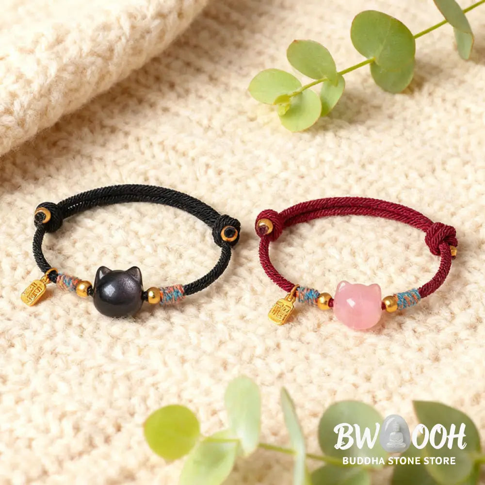 Buddha Stones Cat Fu Character Silver Sheen Obsidian Pink Crystal String Protection Bracelet - Bracelet