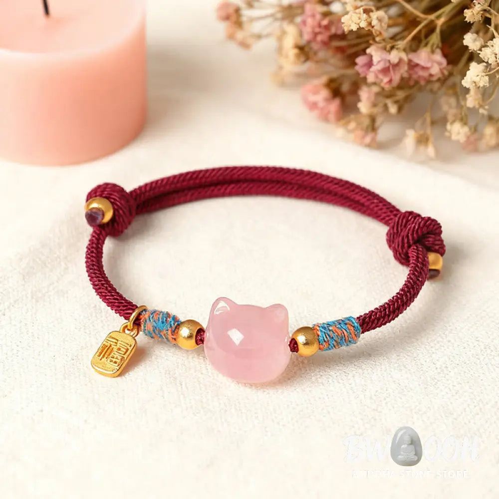 Buddha Stones Cat Fu Character Silver Sheen Obsidian Pink Crystal String Protection Bracelet - Bracelet