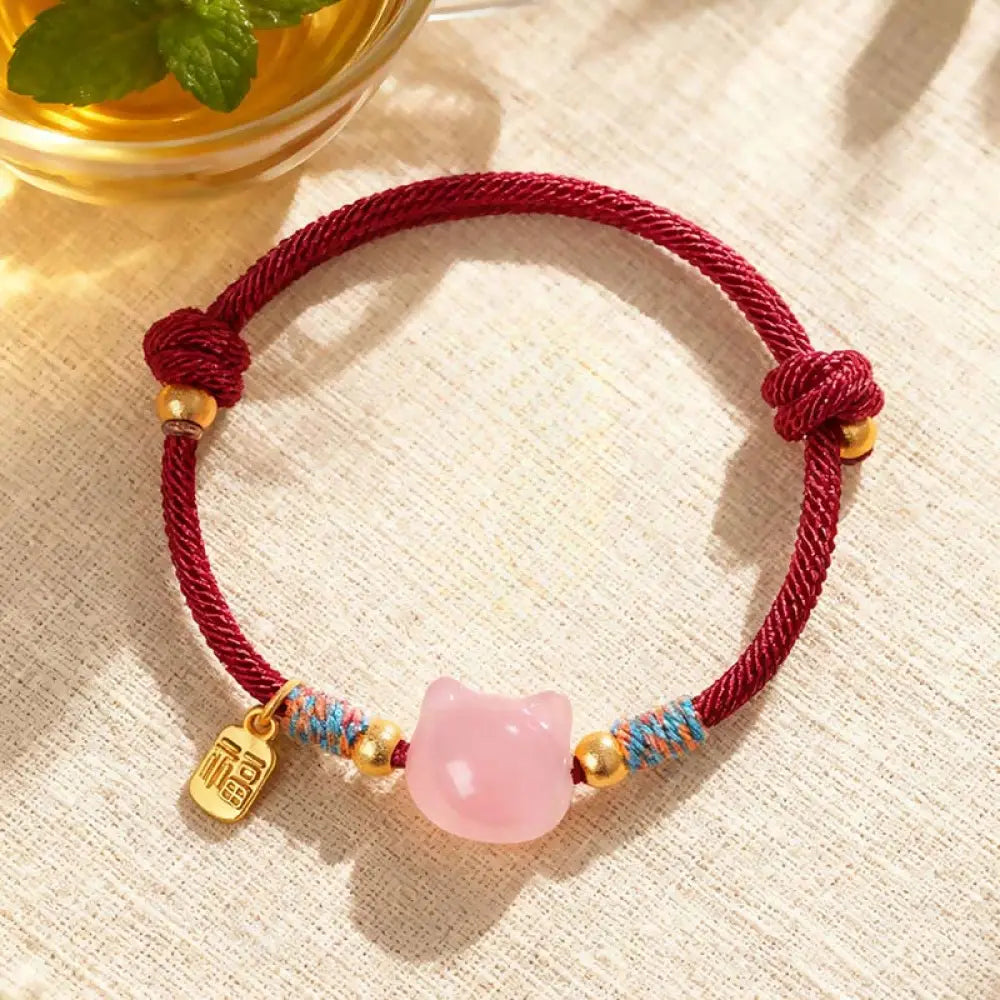 Buddha Stones Cat Fu Character Silver Sheen Obsidian Pink Crystal String Protection Bracelet - Pink Crystal Red