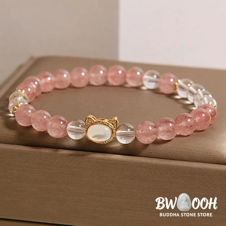 Buddha Stones Cat Natural Strawberry Quartz White Crystal Bead Healing Bracelet - Strawberry Quartz(Wrist