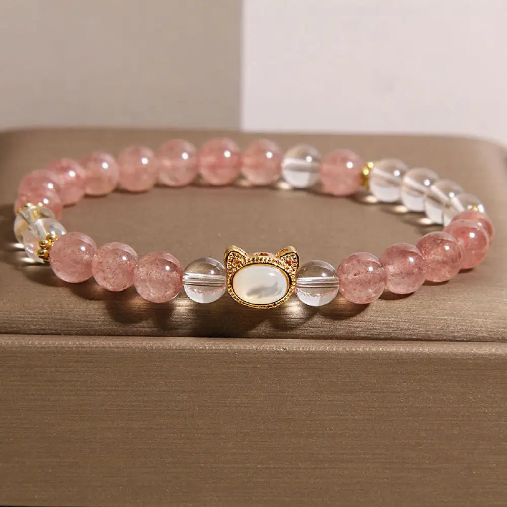 Buddha Stones Cat Natural Strawberry Quartz White Crystal Bead Healing Bracelet - Strawberry Quartz(Wrist