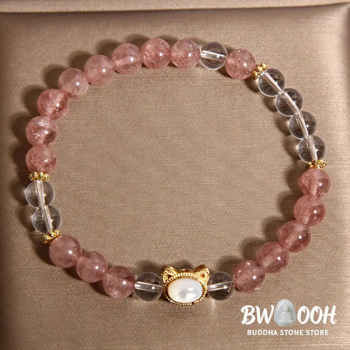 Buddha Stones Cat Natural Strawberry Quartz White Crystal Bead Healing Bracelet - Strawberry Quartz(Wrist