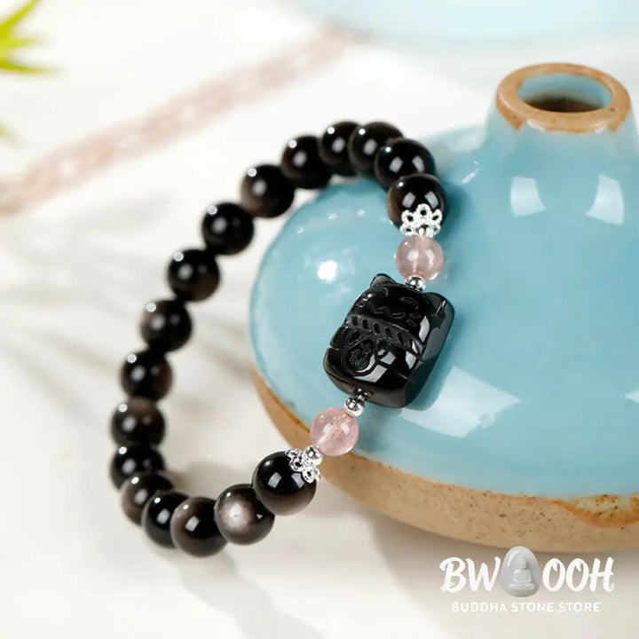 Buddha Stones Cat Silver Sheen Obsidian Strawberry Quartz Protection Bracelet - Bracelet