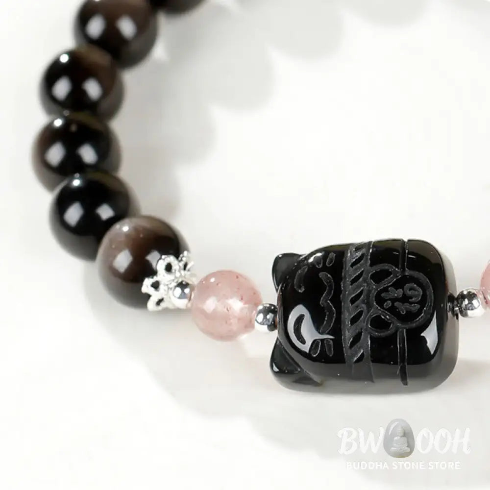 Buddha Stones Cat Silver Sheen Obsidian Strawberry Quartz Protection Bracelet - Bracelet