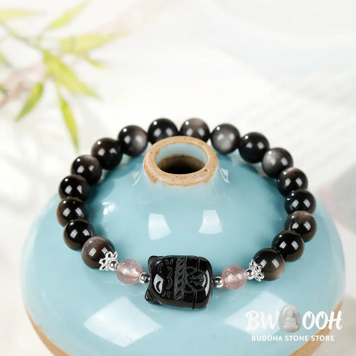 Buddha Stones Cat Silver Sheen Obsidian Strawberry Quartz Protection Bracelet - Bracelet
