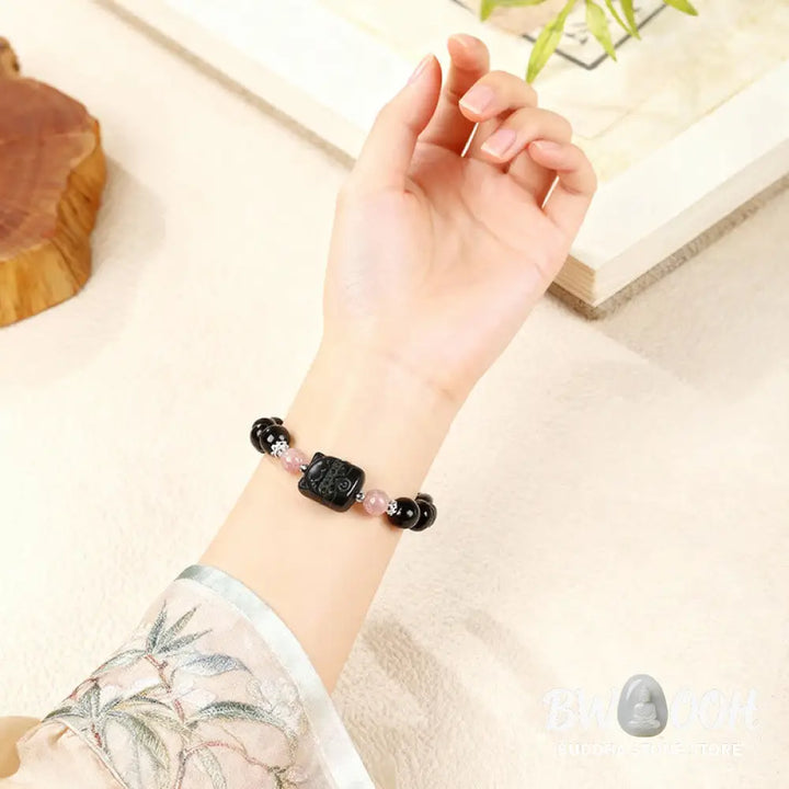Buddha Stones Cat Silver Sheen Obsidian Strawberry Quartz Protection Bracelet - Bracelet