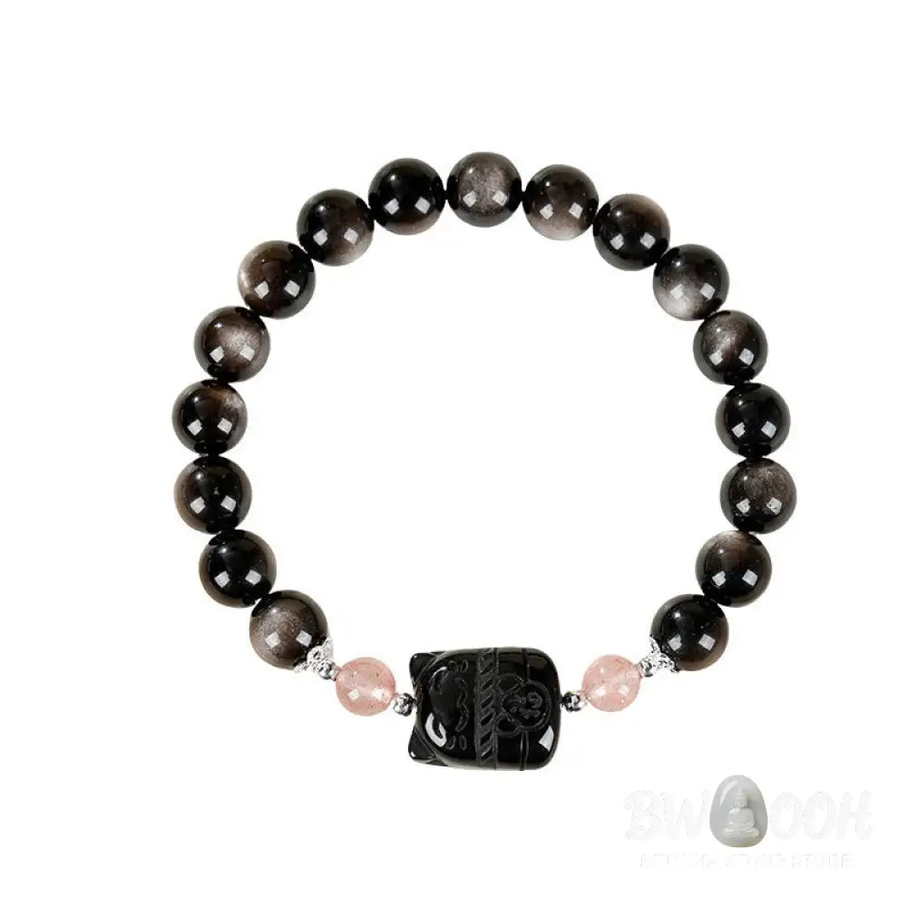 Buddha Stones Cat Silver Sheen Obsidian Strawberry Quartz Protection Bracelet - Bracelet