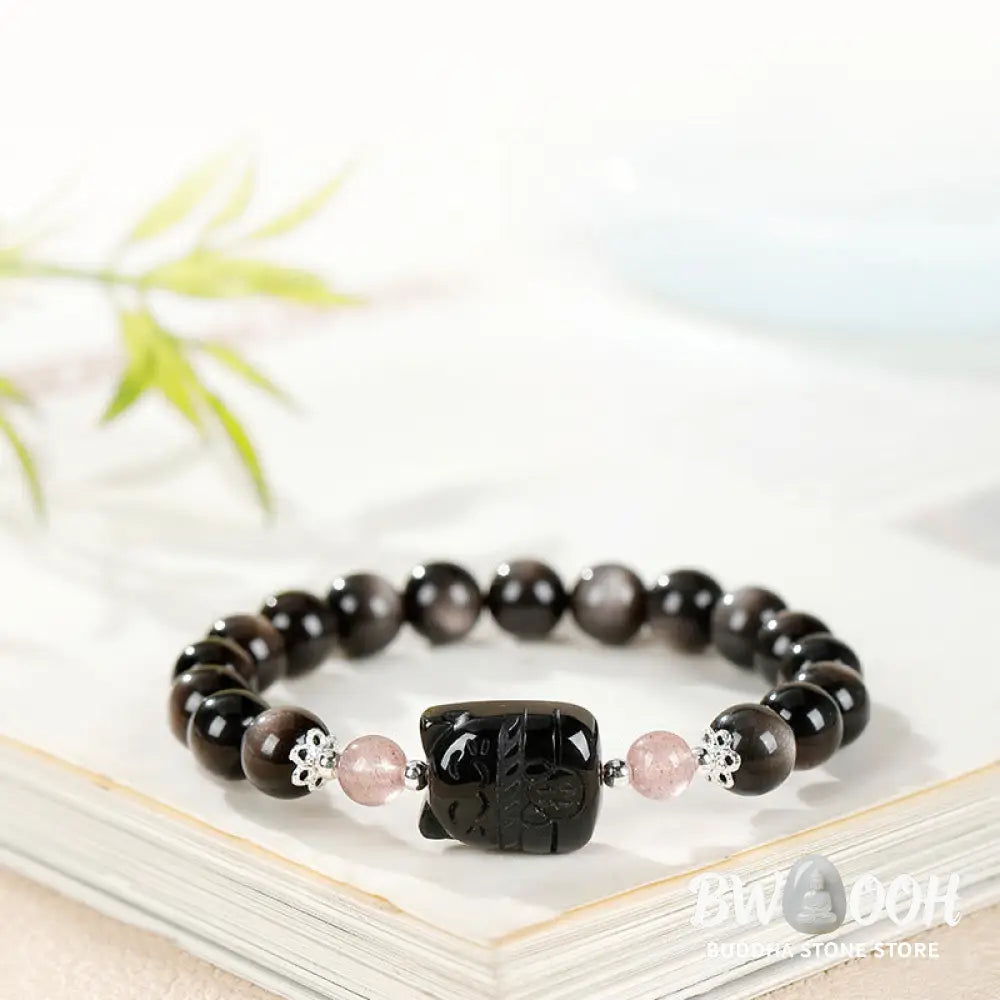 Buddha Stones Cat Silver Sheen Obsidian Strawberry Quartz Protection Bracelet - Bracelet