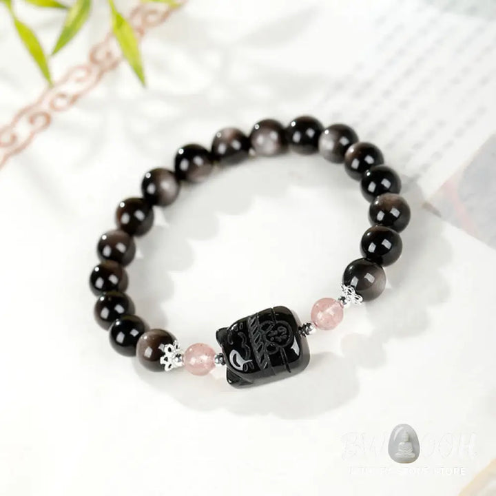 Buddha Stones Cat Silver Sheen Obsidian Strawberry Quartz Protection Bracelet - Bracelet