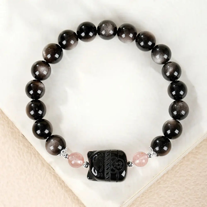 Buddha Stones Cat Silver Sheen Obsidian Strawberry Quartz Protection Bracelet - Silver Sheen Obsidian Strawberry