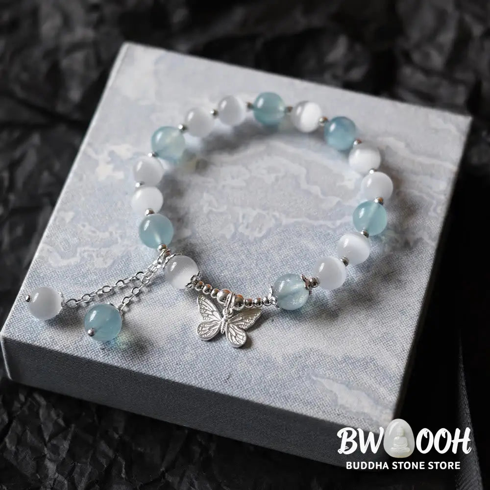 Buddha Stones Cat’s Eye Aquamarine Butterfly Charm Support Bracelet - BWOOOH - Aquamarine(Wrist Circumference 14-16cm)