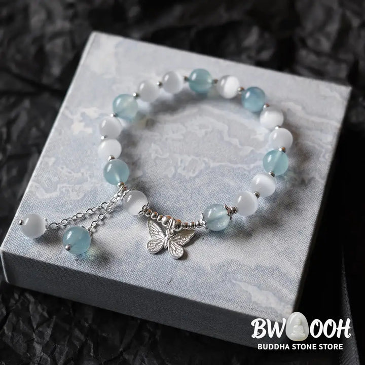 Buddha Stones Cat’s Eye Aquamarine Butterfly Charm Support Bracelet - BWOOOH - Aquamarine(Wrist Circumference 14-16cm)