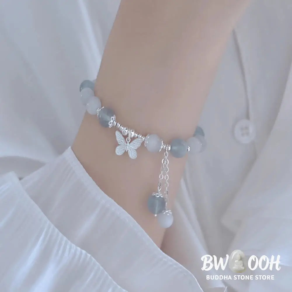 Buddha Stones Cat’s Eye Aquamarine Butterfly Charm Support Bracelet - BWOOOH - Aquamarine(Wrist Circumference 14-16cm)