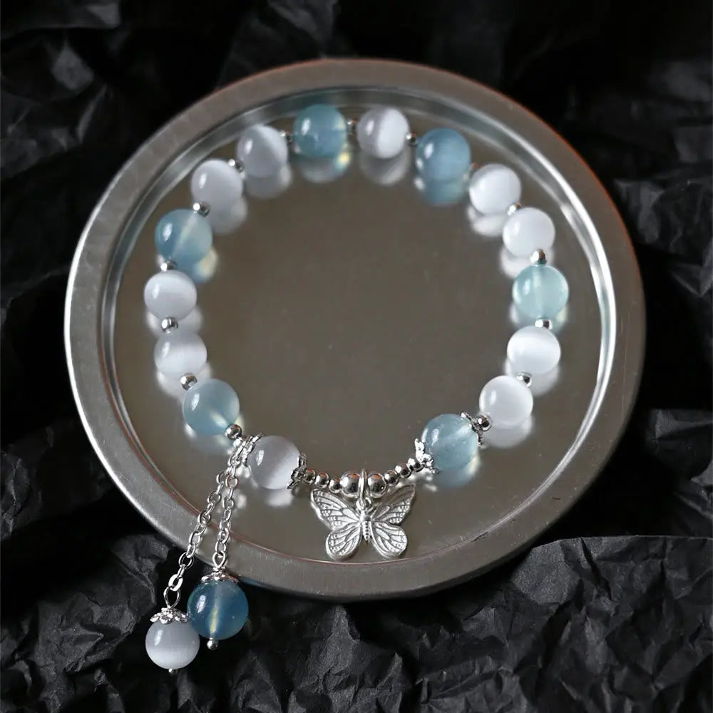 BWOOOH Cat's Eye Aquamarine Butterfly Charm Support Bracelet — Aquamarine crystal healing bracelet for spiritual healing a...