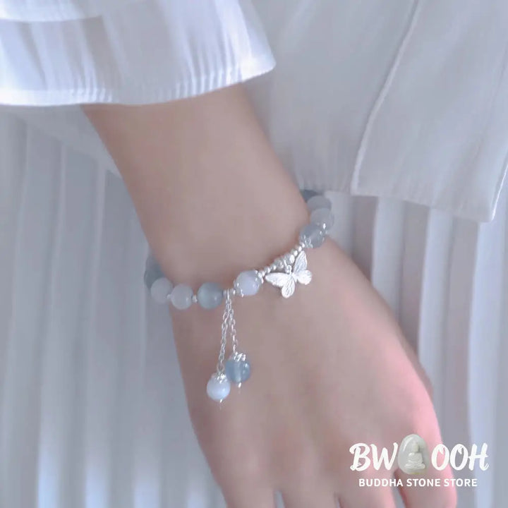 Buddha Stones Cat’s Eye Aquamarine Butterfly Charm Support Bracelet - BWOOOH - Aquamarine(Wrist Circumference 14-16cm)