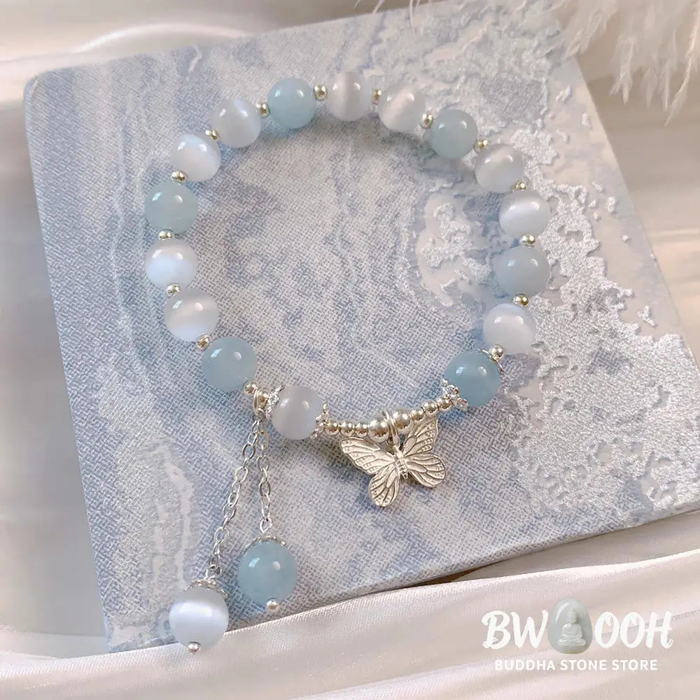 Buddha Stones Cat’s Eye Aquamarine Butterfly Charm Support Bracelet - BWOOOH - Aquamarine(Wrist Circumference 14-16cm)