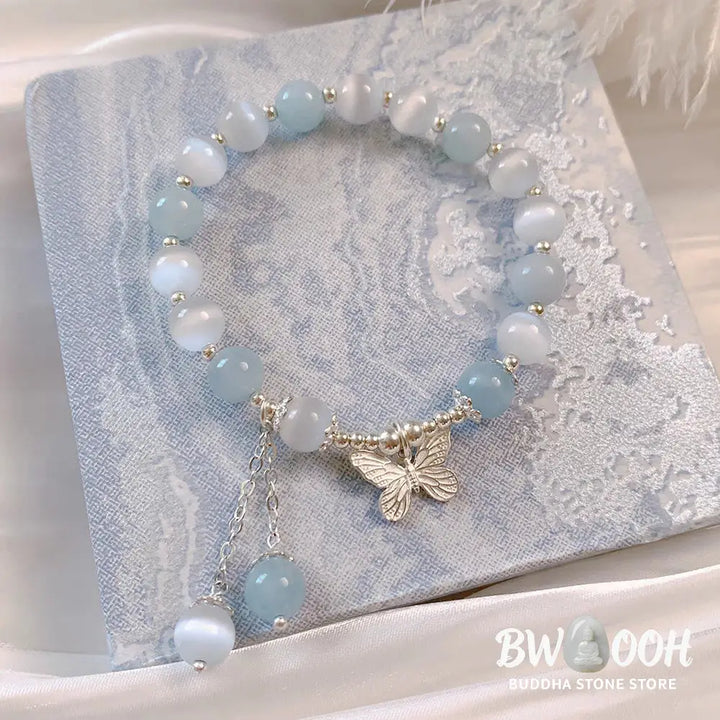 Buddha Stones Cat’s Eye Aquamarine Butterfly Charm Support Bracelet - BWOOOH - Aquamarine(Wrist Circumference 14-16cm)