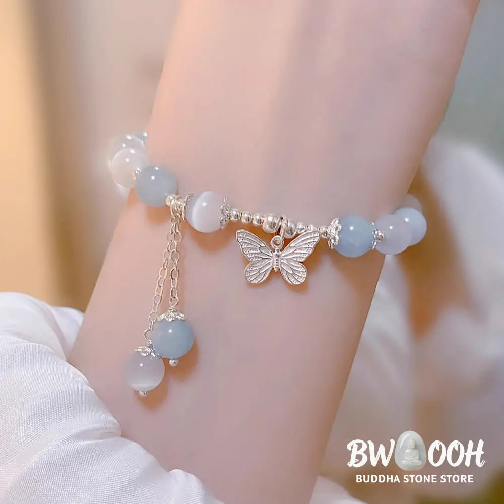 Buddha Stones Cat’s Eye Aquamarine Butterfly Charm Support Bracelet - BWOOOH - Aquamarine(Wrist Circumference 14-16cm)
