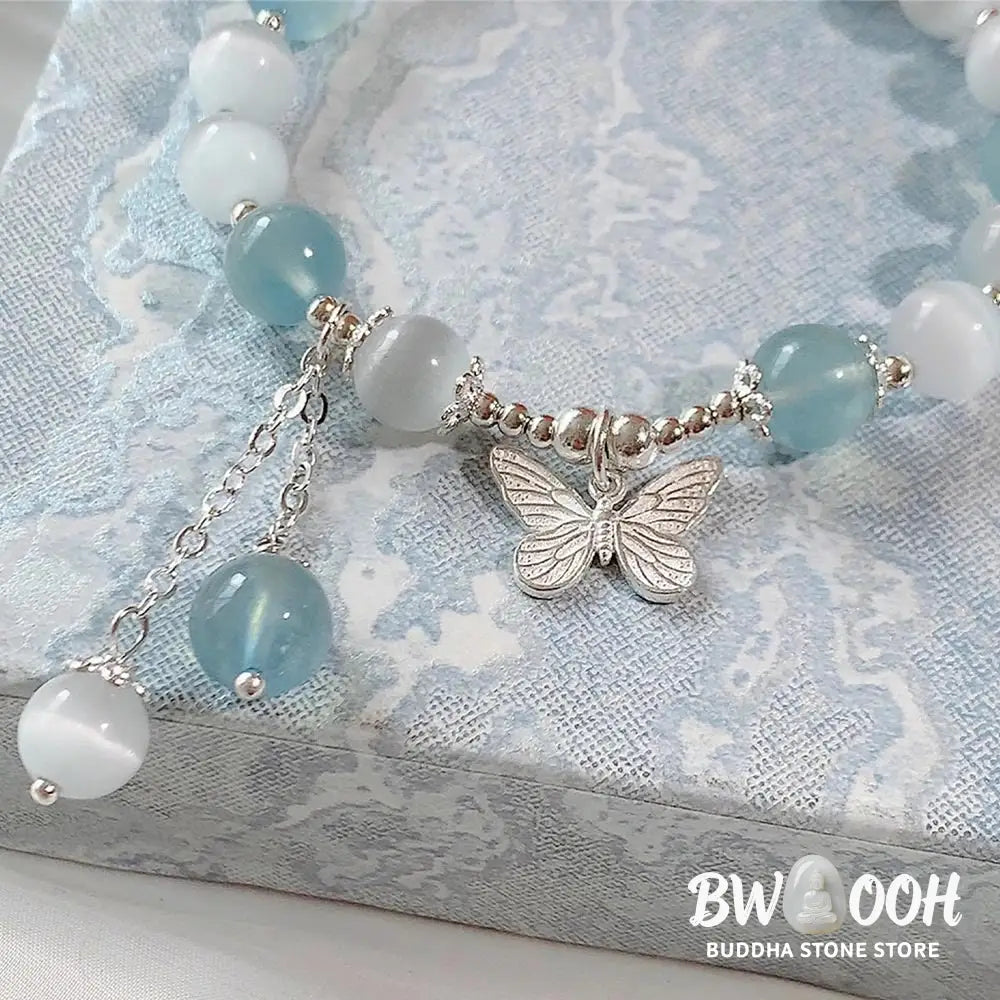 Buddha Stones Cat’s Eye Aquamarine Butterfly Charm Support Bracelet - BWOOOH - Aquamarine(Wrist Circumference 14-16cm)
